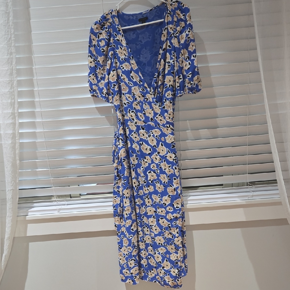 Ann Taylor Royal Blue Floral Wrap Midi Dress with Cream Flowers